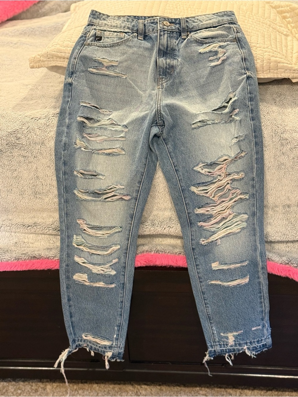 Kancan Light Blue Distressed Women’s Jeans with Pastel Thread Detail